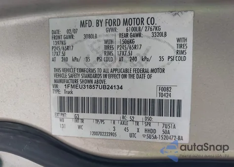 2007 Ford Explorer Sport Trac Xlt из США, поврежденный, VIN 1FMEU31857UB24134